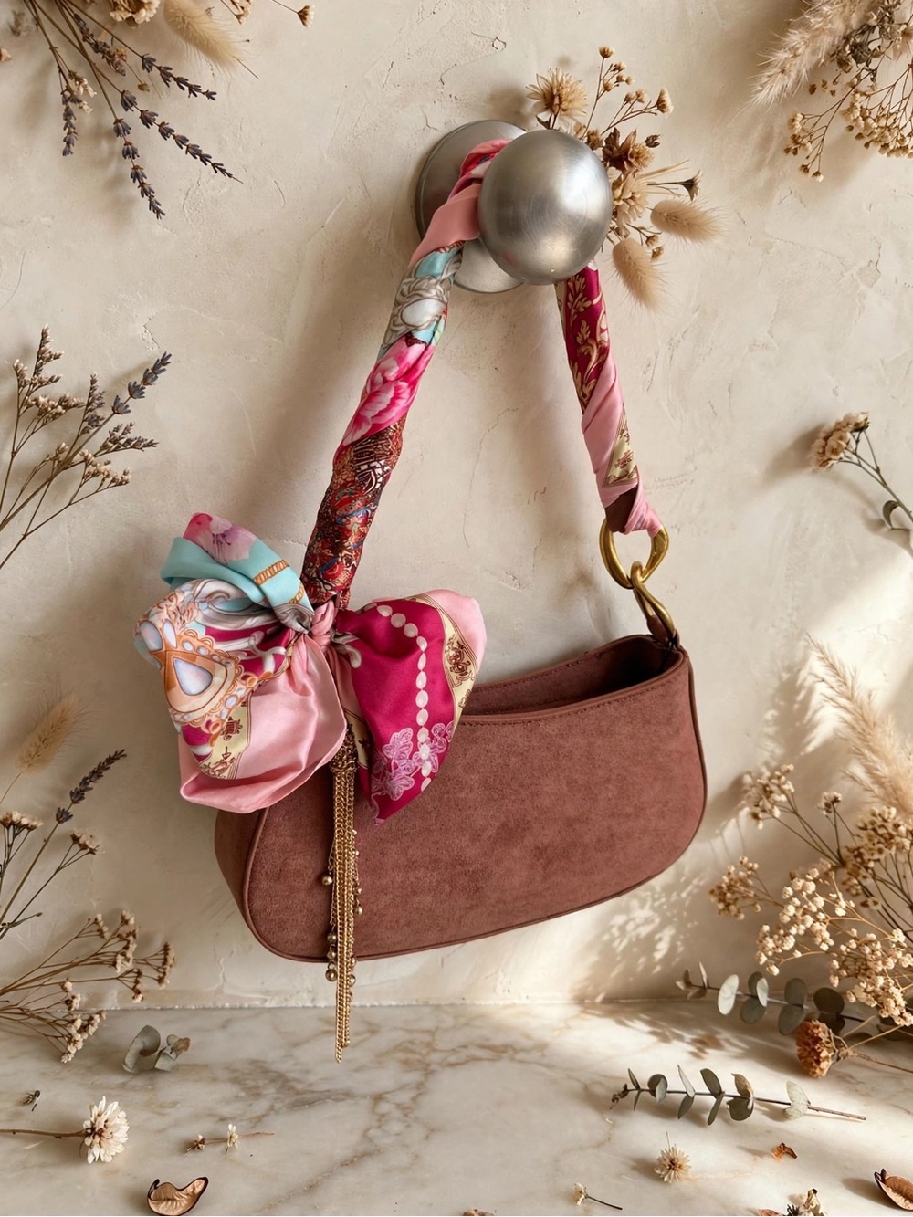 Womens Suede Shoulder Bag with Pink Scarf Accent